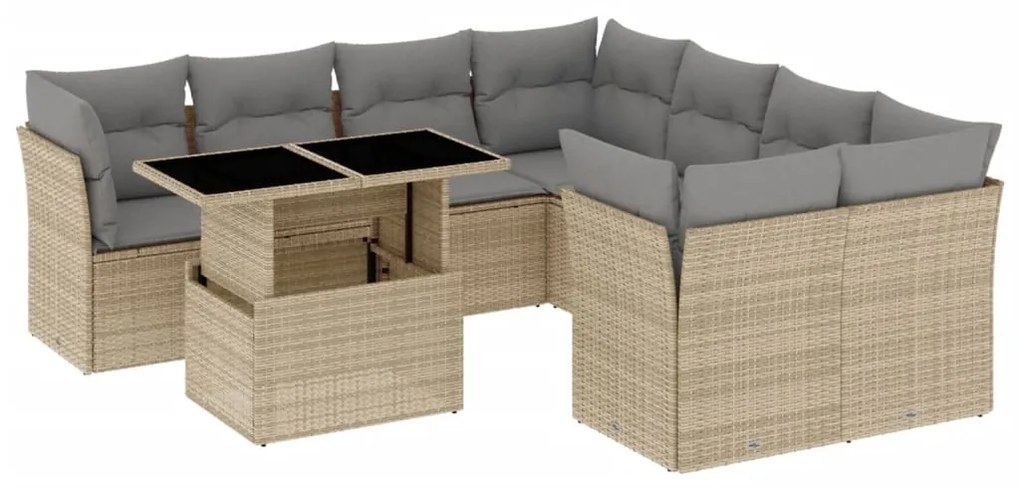 Set divano da giardino 9 pz con cuscini beige in polyrattan