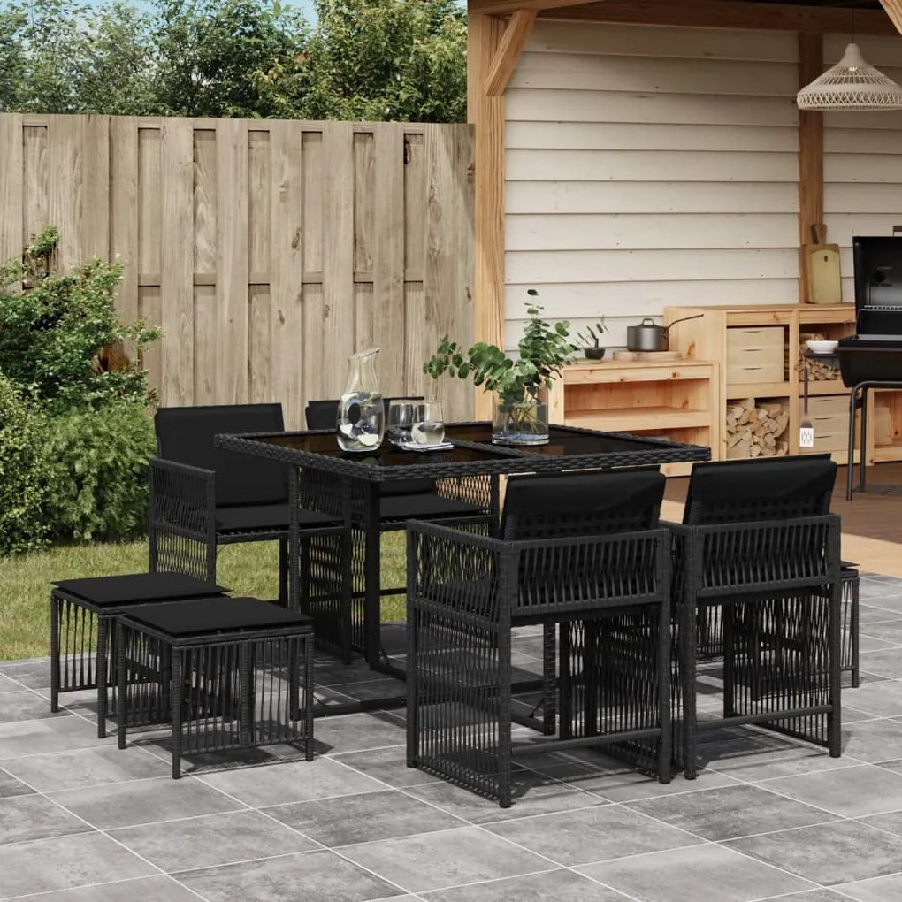 Set da pranzo da giardino 9 pz con cuscini nero in polyrattan