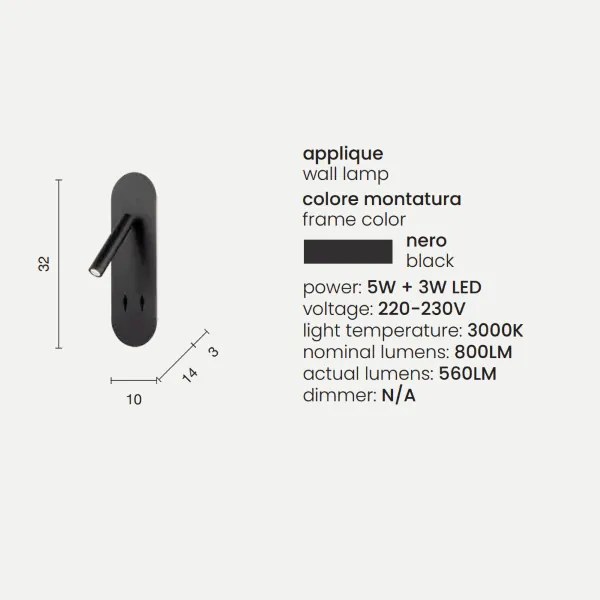 Applique LED 10 cm in metallo Nero retroilluminato con faretto orientabile PLATE