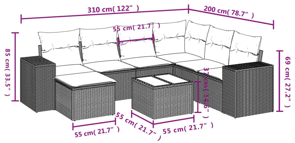 Set divani da giardino con cuscini 8 pz nero in polyrattan