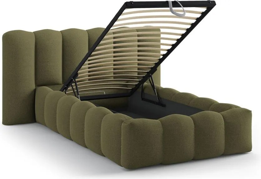 Letto singolo imbottito color kaki con contenitore con rete inclusa 90x200 cm Lupine – Micadoni