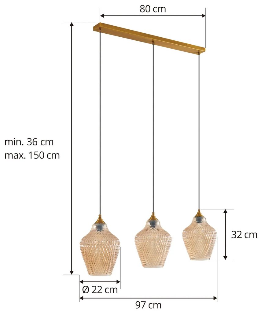 Lindby lampada a sospensione Drakar, a 3 luci, ambra, Ø 22 cm