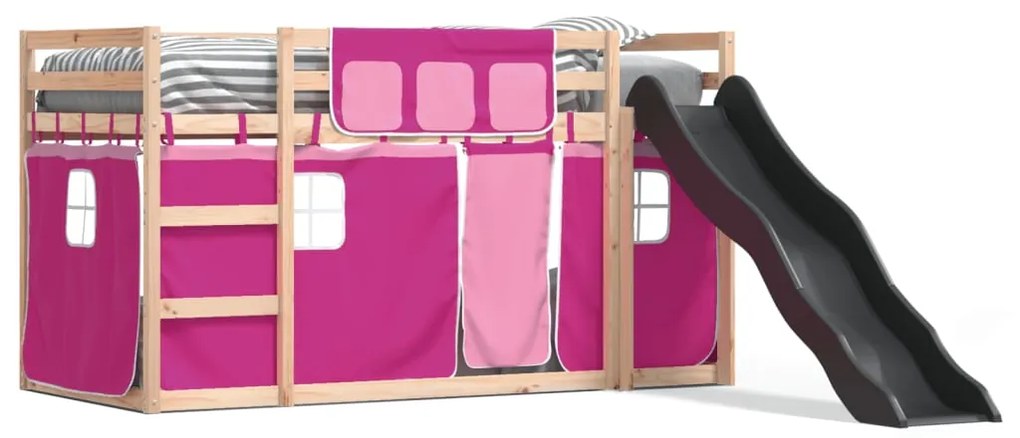 Letto a castello con scivolo e tende rosa 90x200 cm