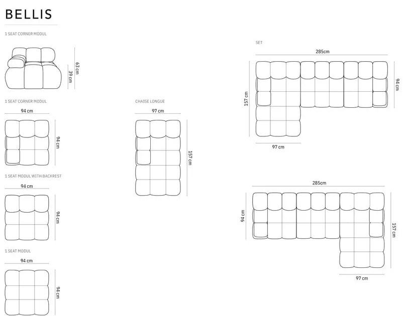 Divano in velluto grigio scuro 285 cm Bellis - Micadoni Home