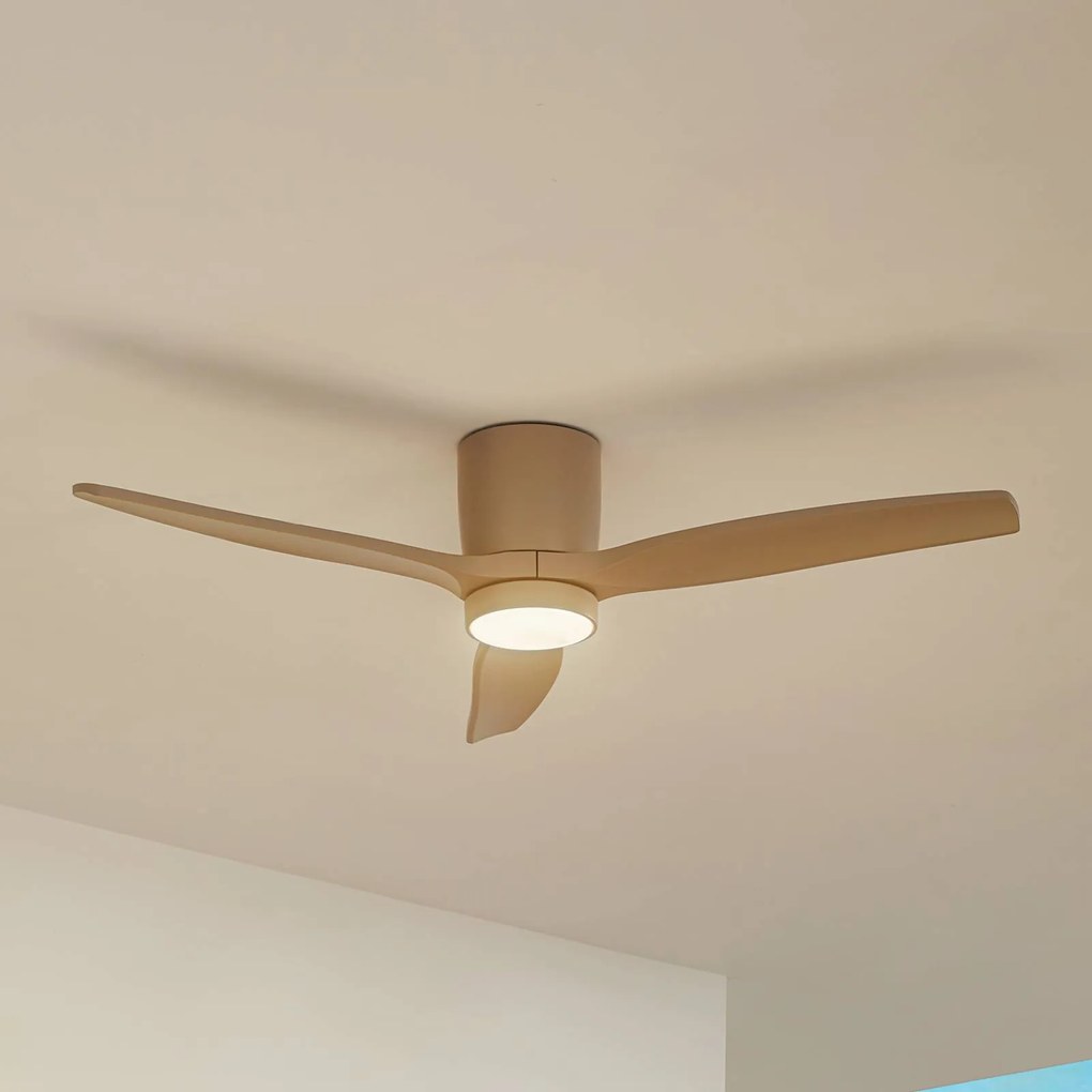 Lucande Ventilatore da soffitto LED Sorin, beige, DC, silenzioso, IP44 Sorin, Crema / Ambra, Soggiorno / Sala da pranzo, Metallo, Moderno