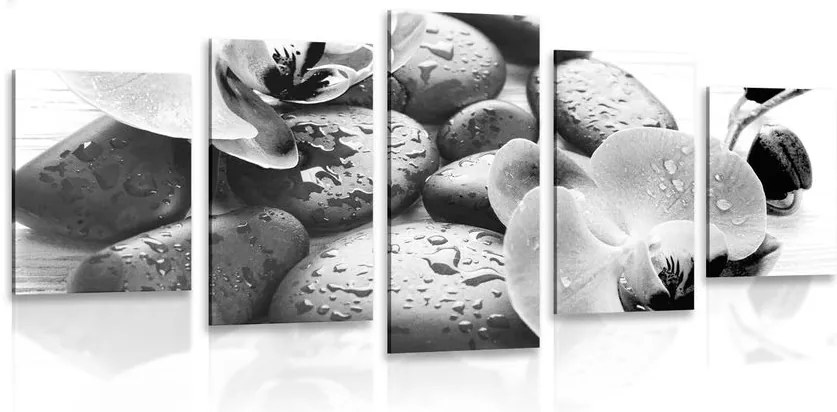 Quadri 5 pezzi – Bellissima armonia di pietre e orchidea in bianco e nero
