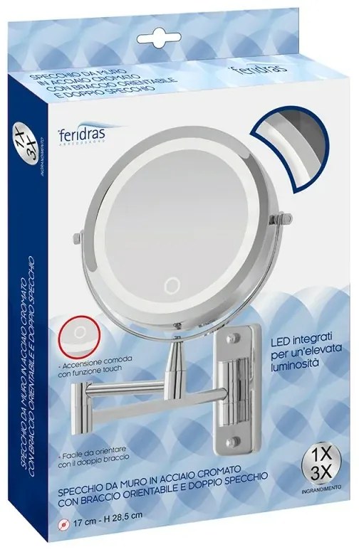 Specchio per trucco con luce LED e braccio orientabile in acciaio cromo