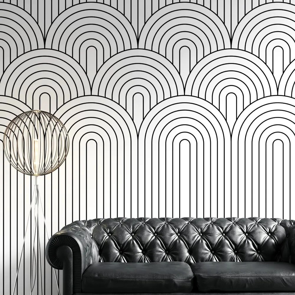 Carta da parati – Motivo arcobaleno in bianco e nero Mid-Century