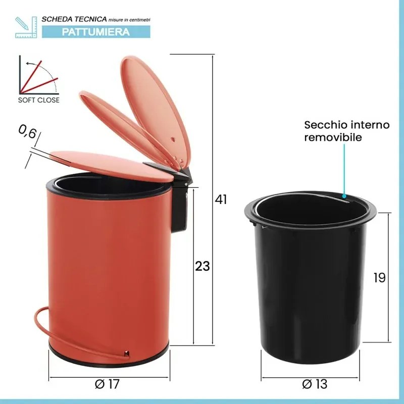 Pattumiera in acciaio 3 litri rosso soft-close con secchio estraibile Spring