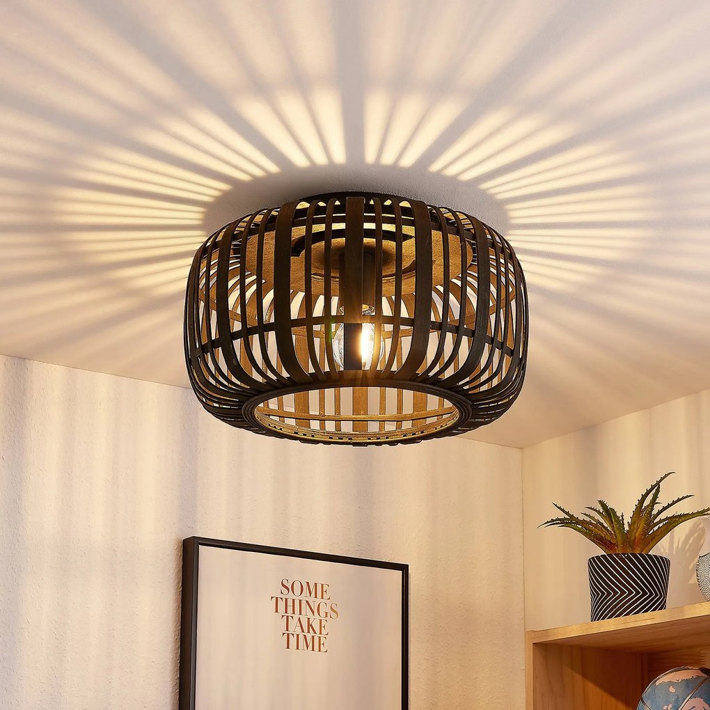 Plafoniera soffitto Canyana Lindby, dimmerabile, Legno scuro, Soggiorno / Sala da pranzo, Legno, Campagna / Rustiche, Plafoniera