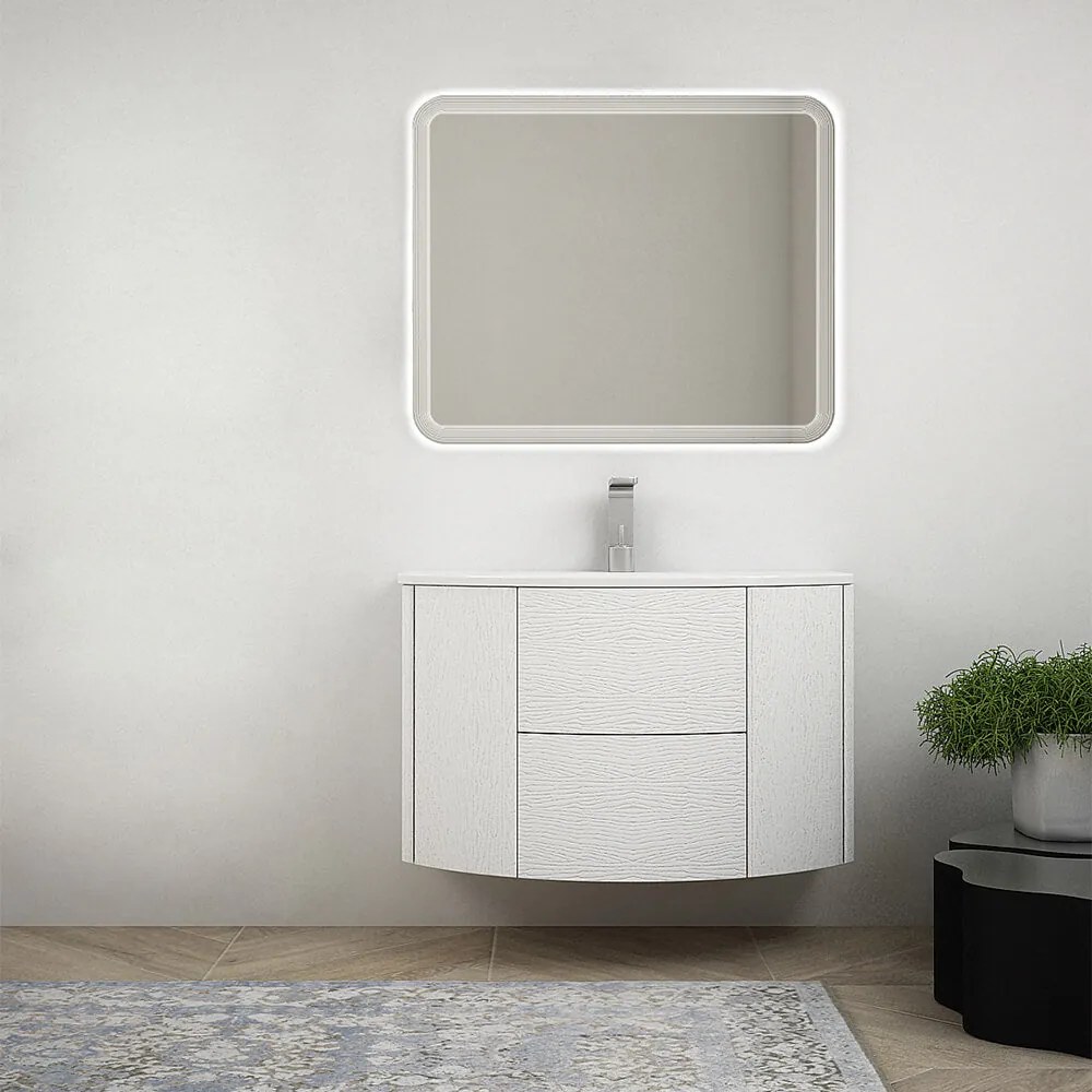 Composizione mobile da bagno Bianco frassino 90 cm sospeso bombato con specchio led