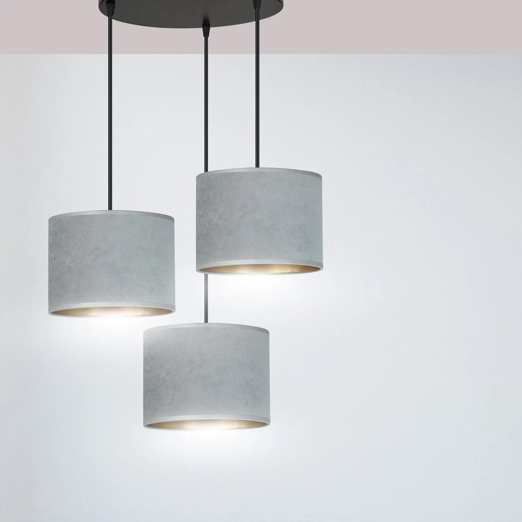 Lampadario Tondo 3 Luci Ganesha In Acciaio Nero E Paralumi In Tessuto Grigio