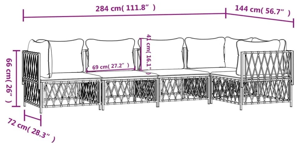 Set Salotto da Giardino 5 pz con Cuscini in Acciaio Bianco