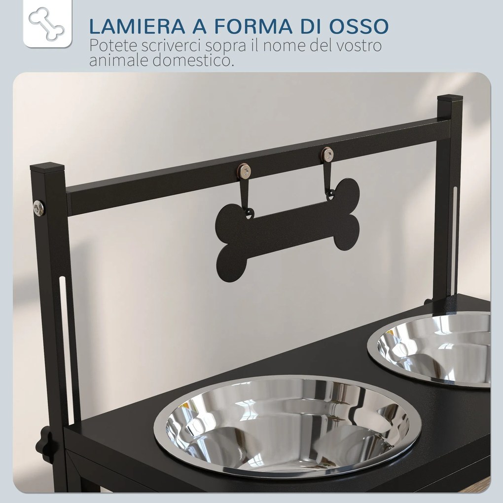 Portaciotole per Cani Rialzata con Altezza Regolabile 40,5x22x39 cm 2 Ciotole in Acciaio da 900ml Nero...