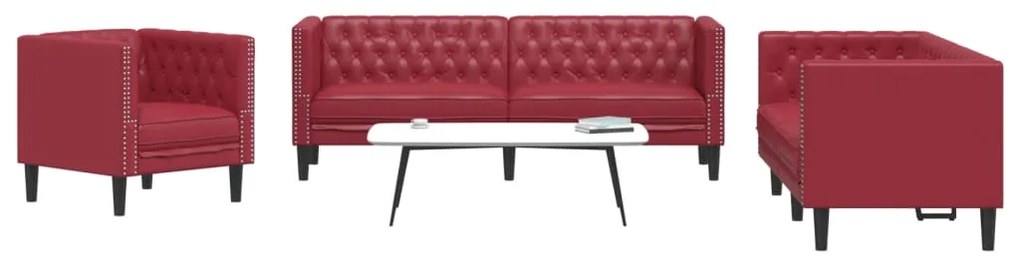 Sei Divani Chesterfield 3 Pz Rosso Vino İn Similpelle /