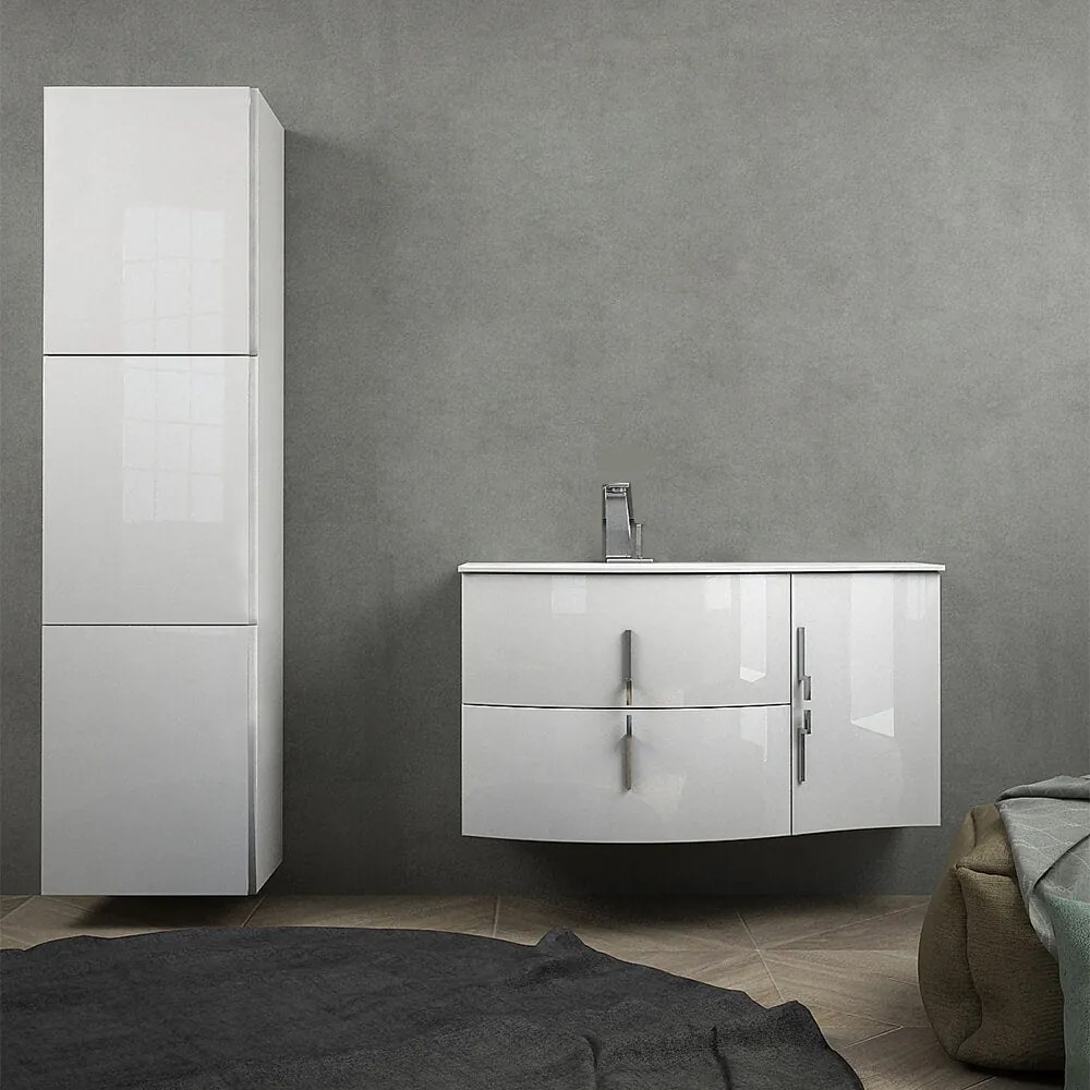 Mobile da bagno sospeso 105 cm Bianco lucido con colonna da 170 cm e lavabo a sinistra