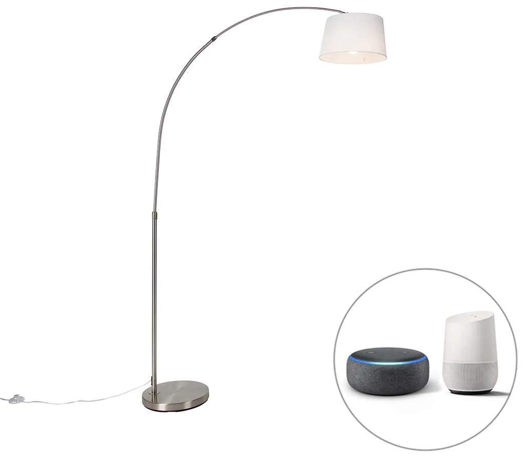 Lampada ad arco intelligente in acciaio con paralume in tessuto bianco incl. Wifi A60 - Arc Basic