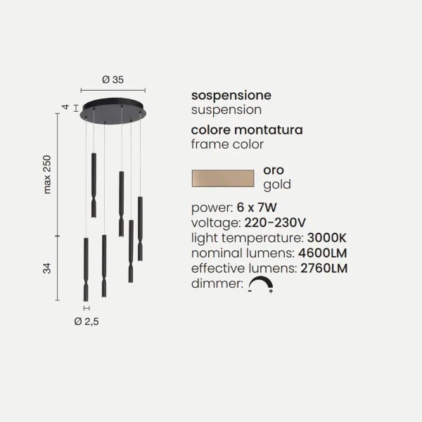 Lampada a sospensione LED a 6 Luci in metallo verniciato 35 cm Oro TUBIC