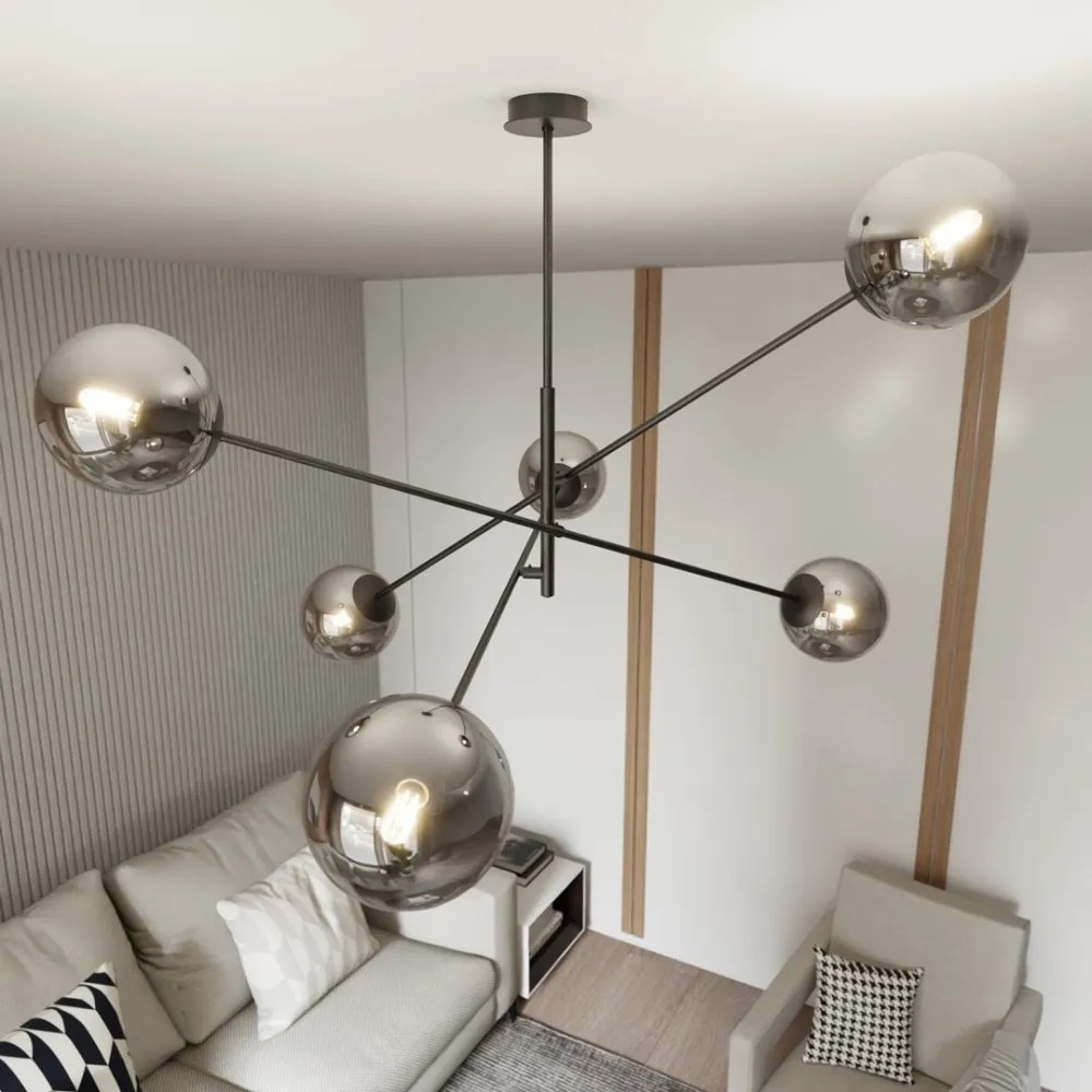 Lampadario da Soffitto in Acciaio e Vetro LINEAR 6 Nero 6xE14 Colore delle Sfere Grafite