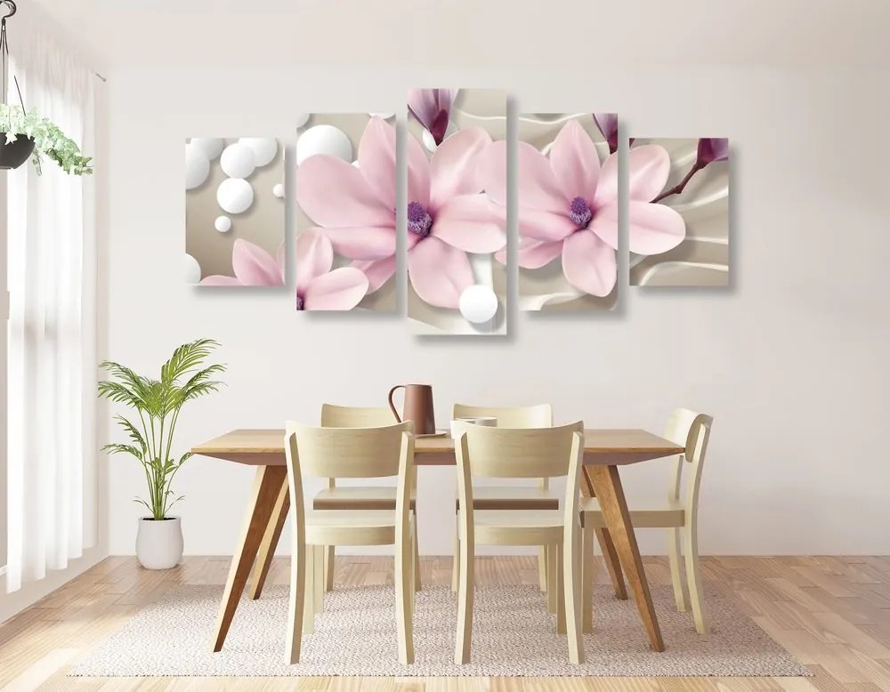 Quadri 5 pezzi – Magnolia su sfondo astratto
