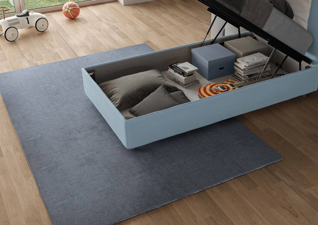 Letto singolo imbottito 80x210 microfibra Appia senza rete, con rete e contenitore, Azzurro / Con Rete