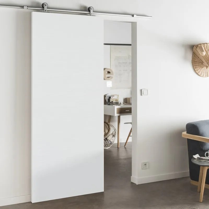 Porta scorrevole reversibile Milk in mdf bianco, L 92.5 x H 211.5 cm, con binario Loft Alluminio