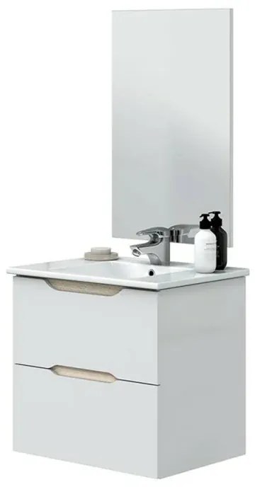 Mobile bagno sospeso 60 cm bianco e rovere con top e specchio Brillo