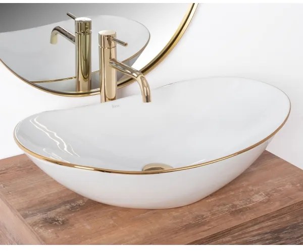 REA-U8570 - Lavabo da appoggio ROYAL 36x62 cm, in ceramica, bianco lucido con finiture oro