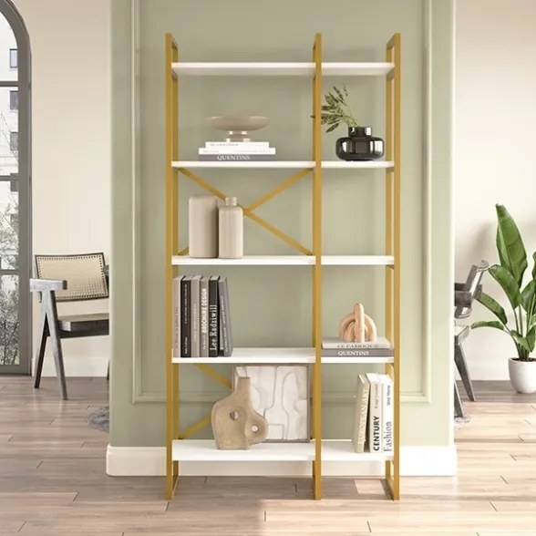 Libreria 88x30x175 Cm 5 Ripiani Oro E Bianco Doppio Modulo Decus