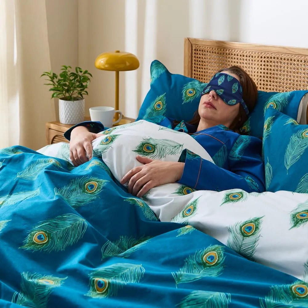 Set copripiumino e federa bianco e color foglia di tè in cotone per letto matrimoniale e per letto esteso 230x220 cm Peacock Feather – Their Nibs