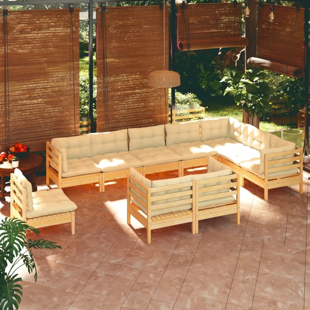 Set divani da giardino 10 pz con cuscini crema in massello di pino