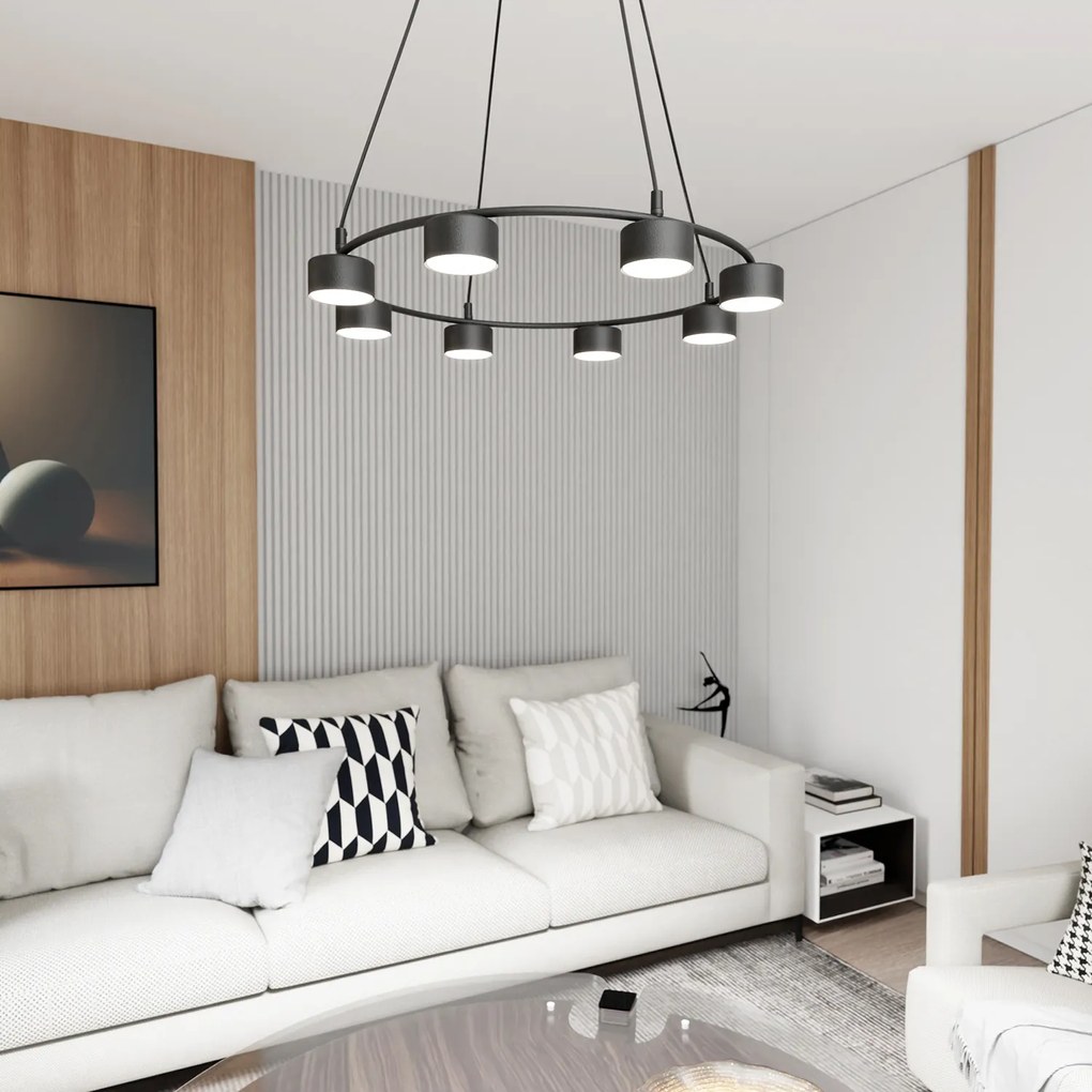 Lampadario Moderno 8 Luci Odin In Acciaio Nero Ad Anello E Cilindri