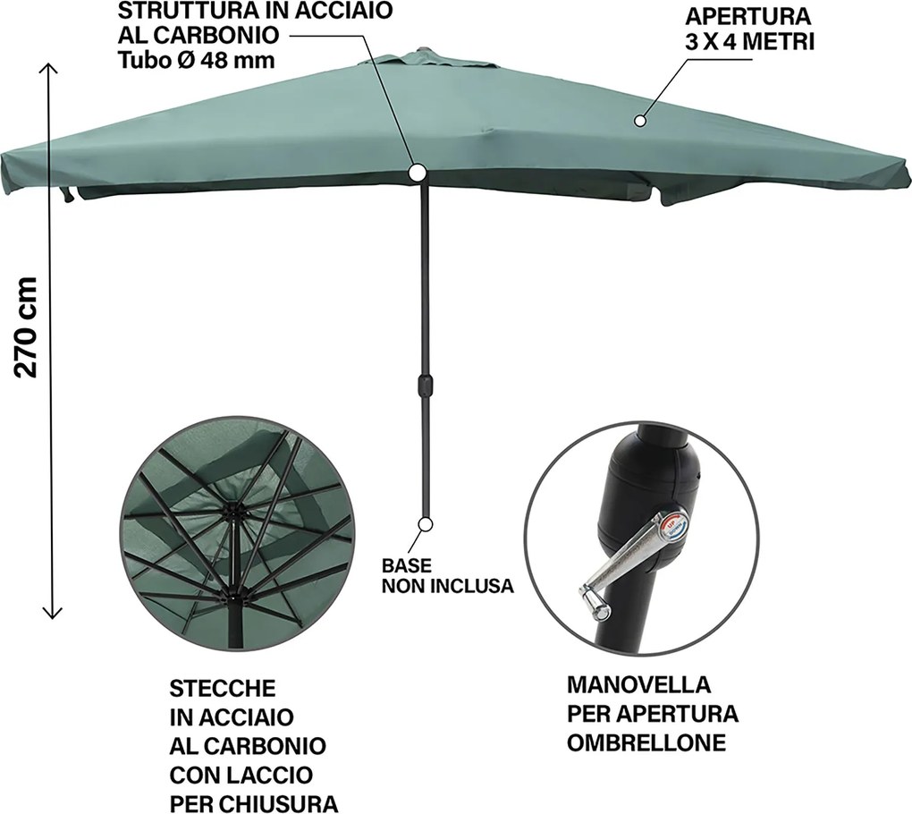Ombrellone da Giardino 3x4 m Copertura in Poliestere Struttura in Acciaio Verde Cuba...