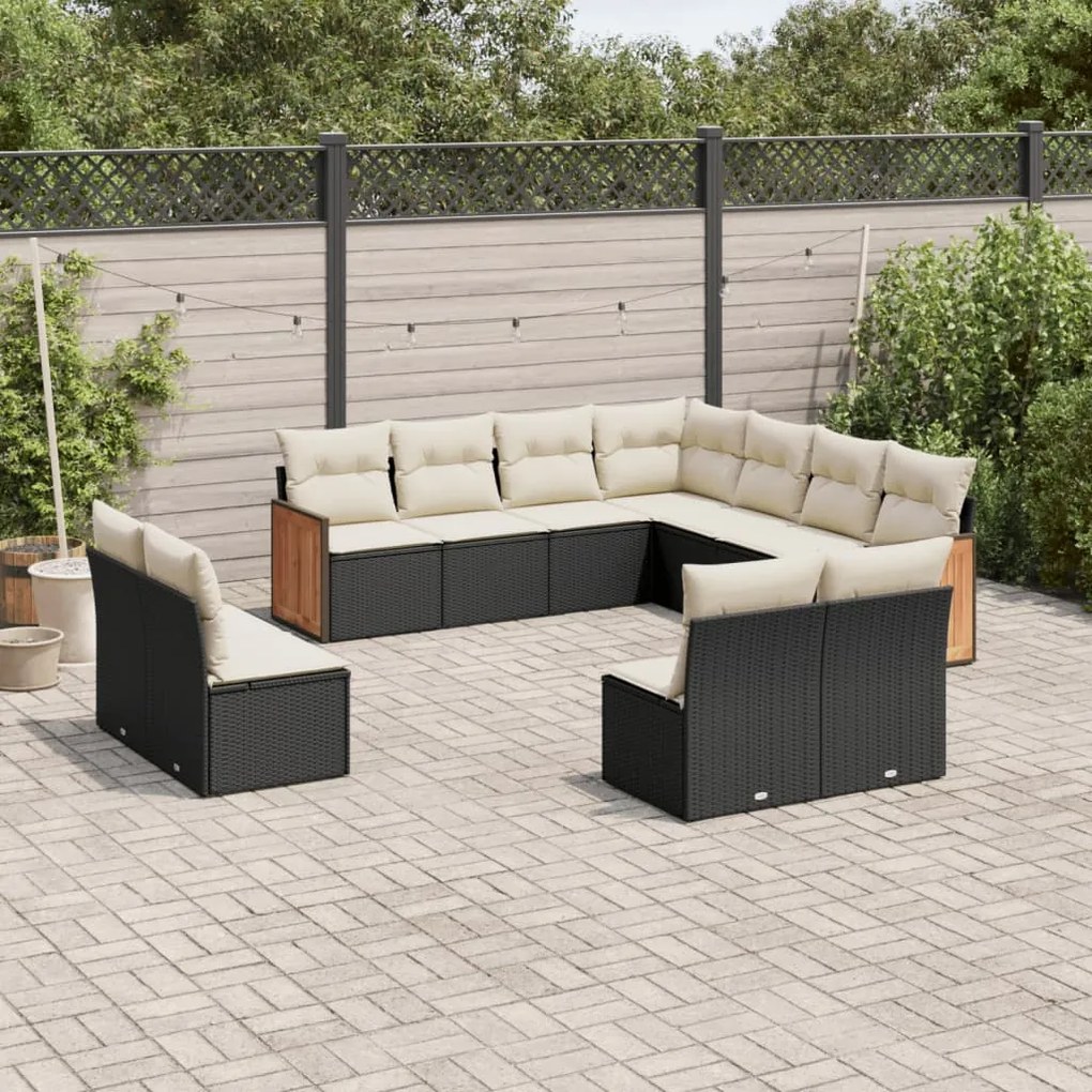 Set divani da giardino 11 pz con cuscini in polyrattan nero