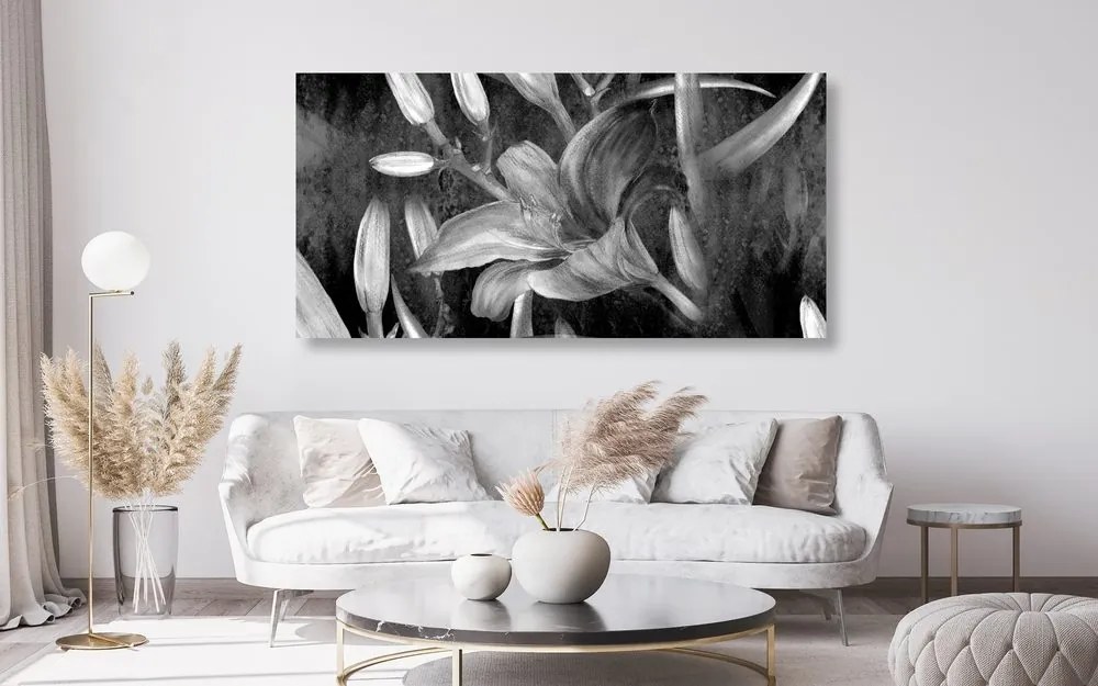 Quadro su tela – Fioritura di giglio in bianco e nero