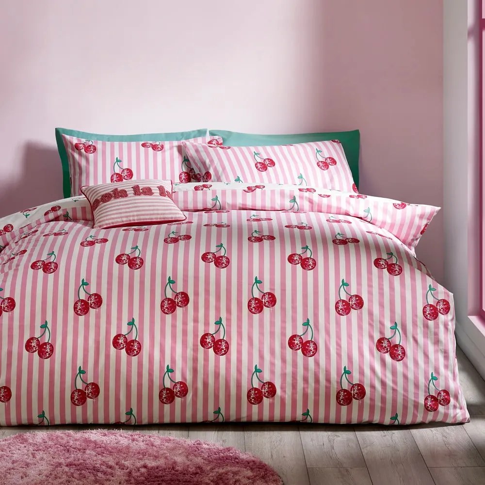 Set copripiumino e federa bianco e rosa per letto matrimoniale e per letto esteso 230x220 cm Disco Cherries Stripes – Catherine Lansfield