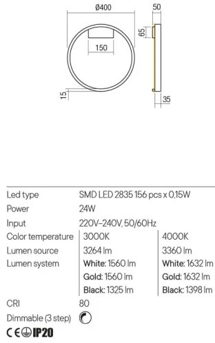 Redo 01-2819 - Applique a LED dimmerabile FEBE LED/24W/230V nero