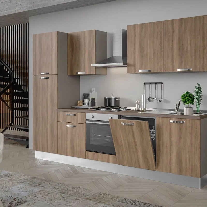 Cucina montata Dora rovere chiaro, lavello a destra, L 300 cm, completa di: cappa a camino, piano cottura a gas, forno, lavastoviglie, frigorifero