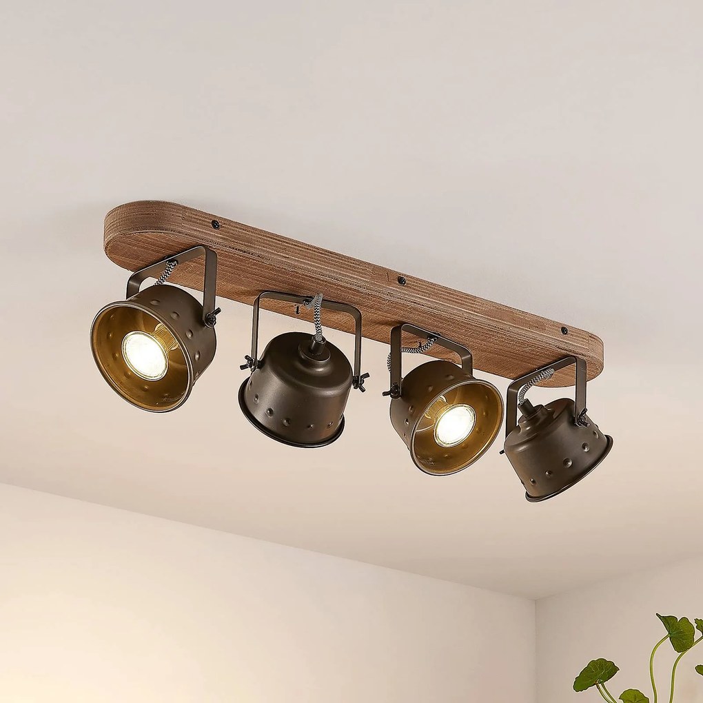 Lindby Faretto da soffitto Rubinjo, 4 lampade, legno, metallo