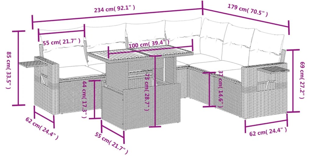 Set divani da giardino con cuscini 7pz nero polyrattan