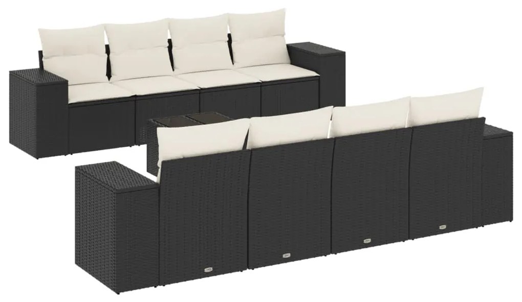 Set divani da giardino 9 pz con cuscini nero in polyrattan