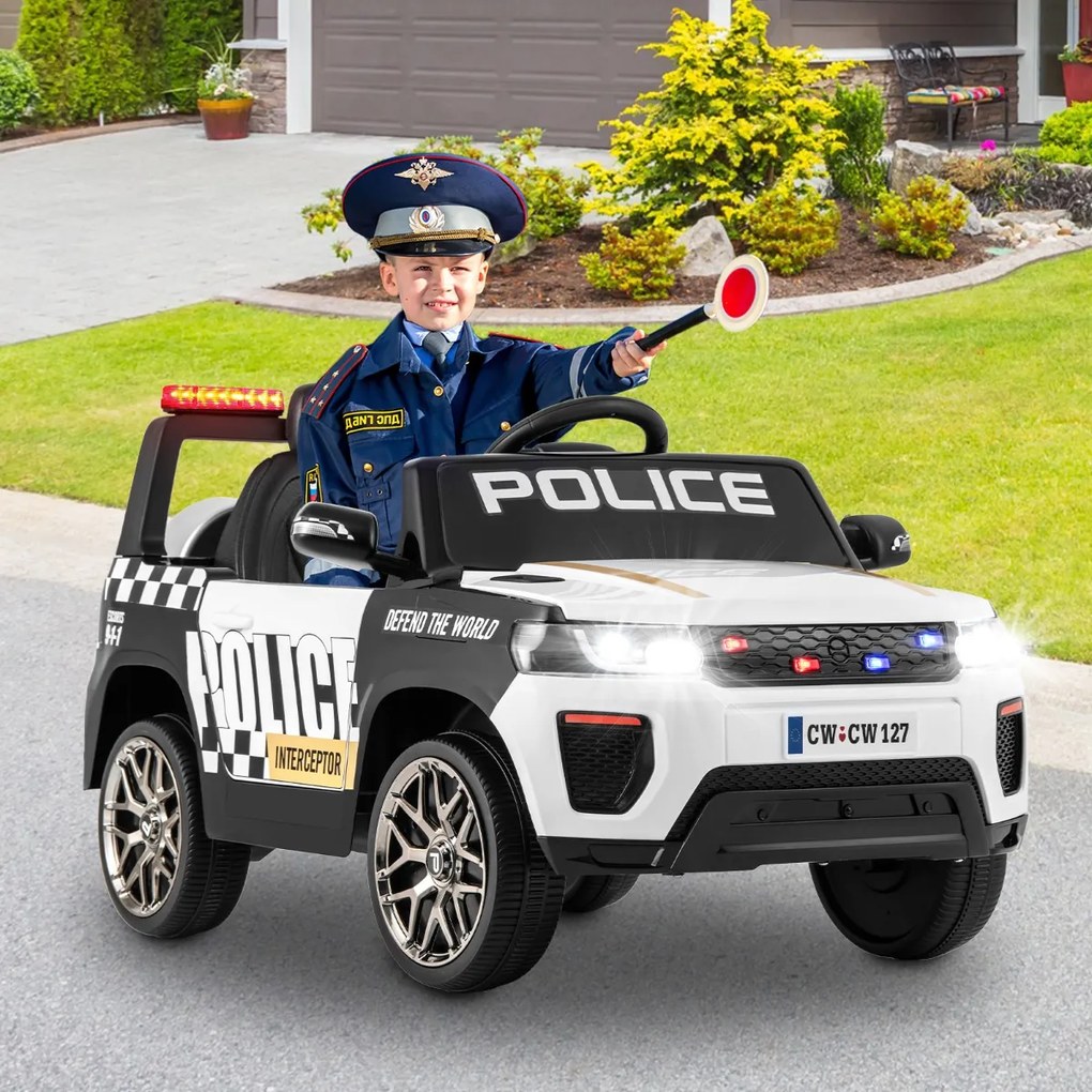 Costway Auto della polizia per bambini con telecomando connessione wireless musica clacson sirena e luci LED, Auto elettrica Bianco
