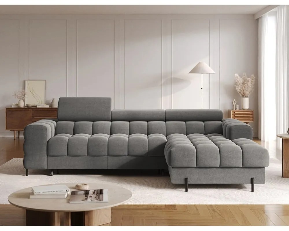 Divano angolare grigio tortora allungabile/con contenitore (con penisola a destra/con chaise lounge) con rivestimento in velluto Felro – ELTAP