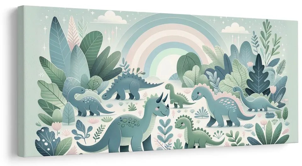 Quadro su tela – Paesaggio di dinosauri sotto arcobaleno pastello