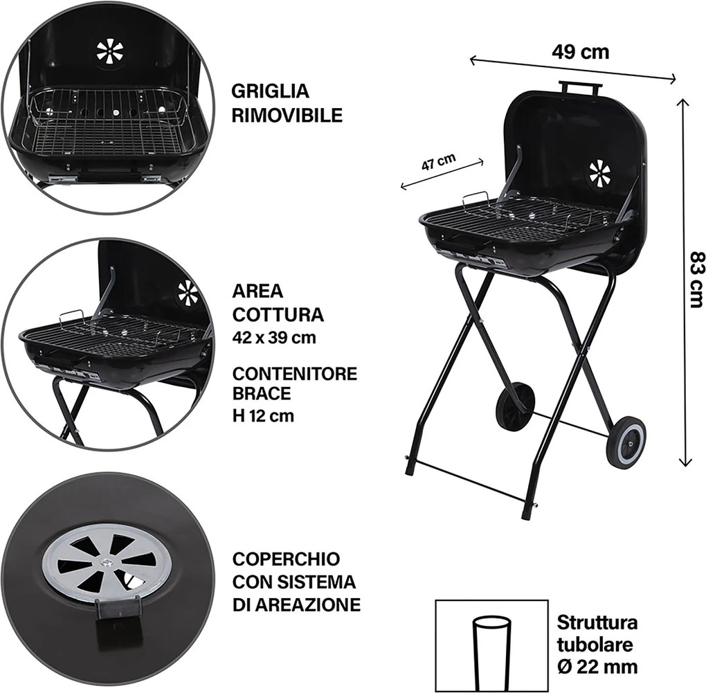 Barbecue a Carbone Carbonella 49x47x83 cm con Coperchio e Ruote in Acciaio Nero...