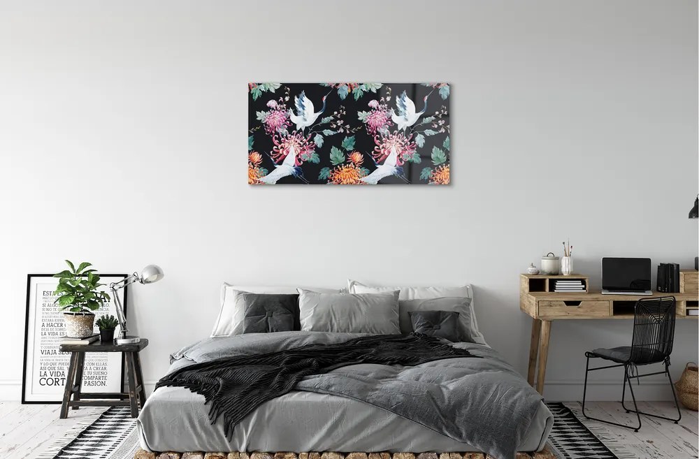 Quadro in vetro acrilico Uccelli con fiori 100x50 cm