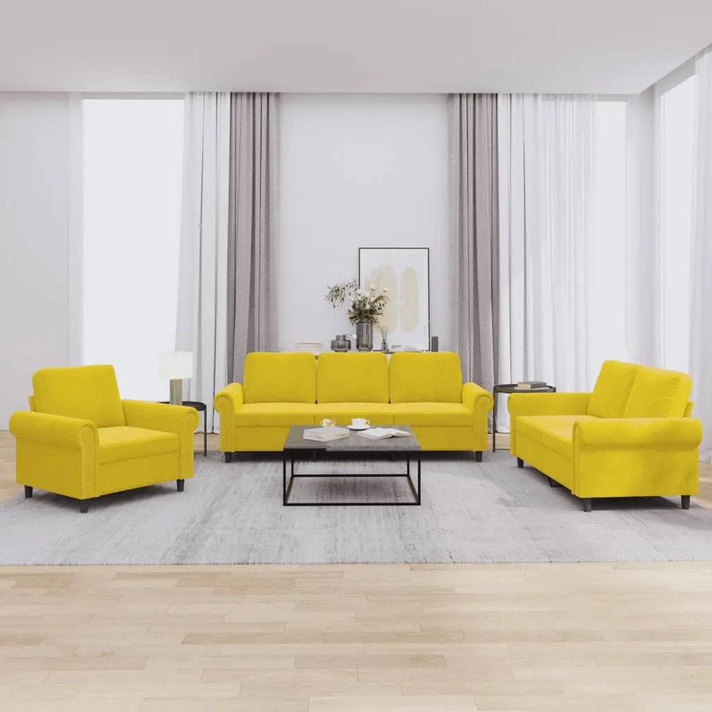 Set Di Divani 3 Pz Con Cuscini Giallo İn Velluto /