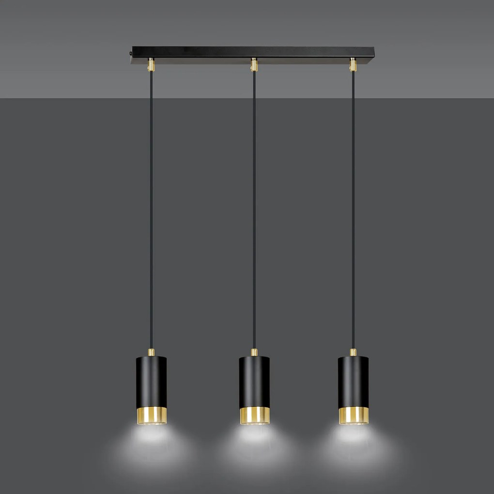 Lampadario 3 Luci Ivar Con Cilindri In Acciaio Nero E Oro