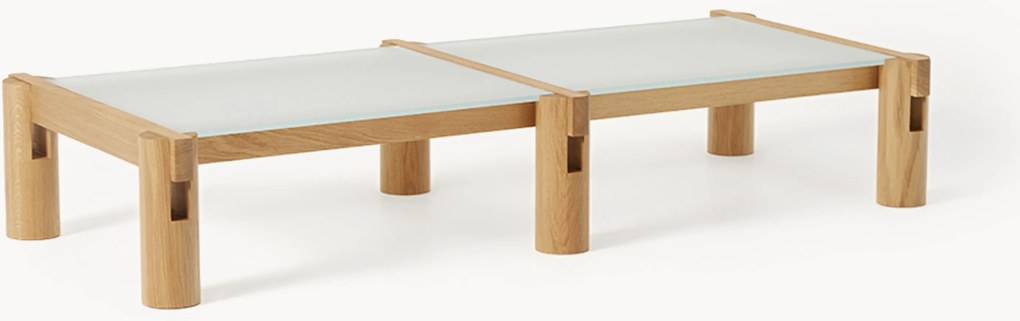 Tavolino da salotto in legno di quercia con piano in vetro Rory, larg. 166 cm