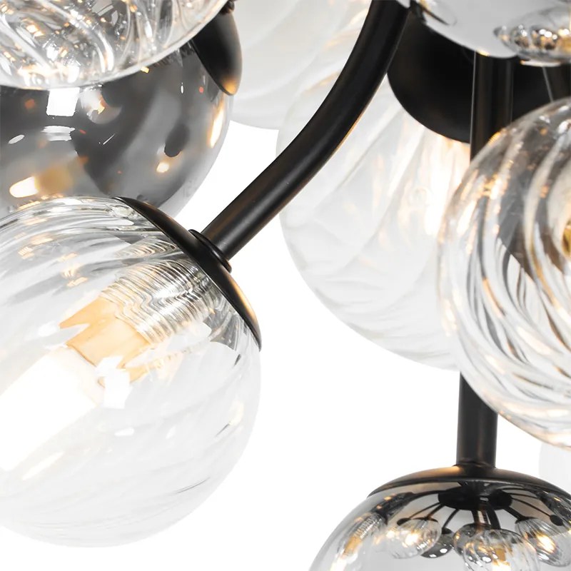 Plafoniera Art Déco nera con vetro fumé e trasparente 10 luci - Bonnie